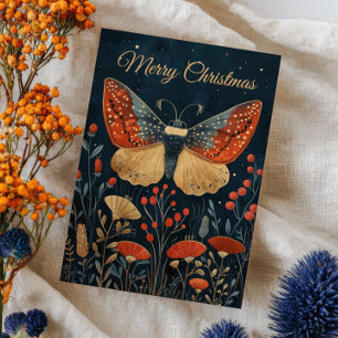 Elegante Motten Herfstloof Navyblauw Kerst Foto Kaart