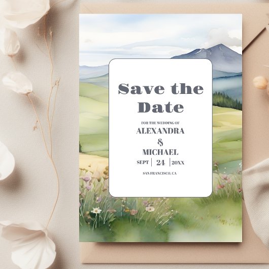 Elegante Mountain Meadow Bruiloft Save The Date