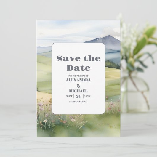 Elegante Mountain Meadow Bruiloft Save The Date (Staand voorkant)