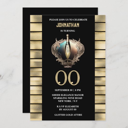 Elegante mousserende wijn zwart goud viering kaart (Voorkant / Achterkant)