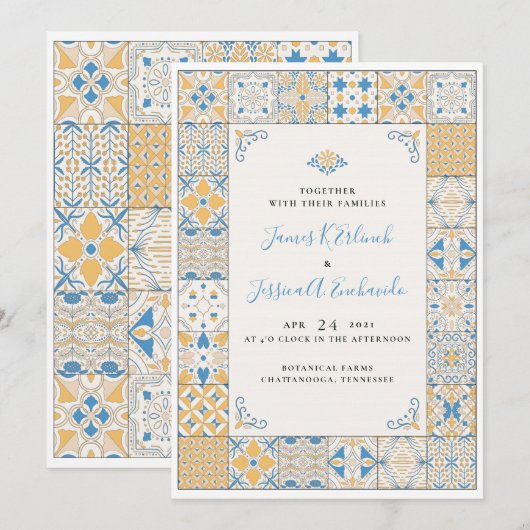 Elegante Mozaïek Tegel Geïllustreerde Huwelijksuit Kaart (Voorkant / Achterkant)