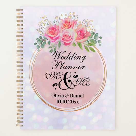 Elegante Mr en Mrs Blush Roze Bloemen Bruiloft Planner (Voorkant)