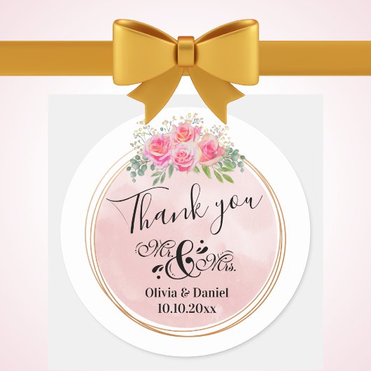 Elegante Mr en Mrs Blush Roze Bloemen Bruiloft Ronde Sticker