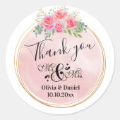 Elegante Mr en Mrs Blush Roze Bloemen Bruiloft Ronde Sticker (Voorkant)