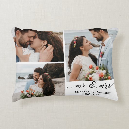elegante mr en mrs bruiloft 3 foto collage accent kussen (Voorkant)
