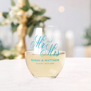 Elegante Mr en Mrs bruiloft gepersonaliseerde azuu Wijnglas Zonder Voet