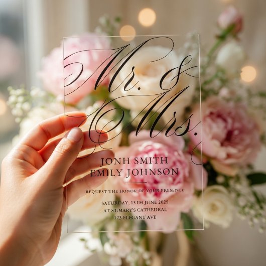 Elegante Mr & Mr Script Calligrafie Acryl Uitnodigingen