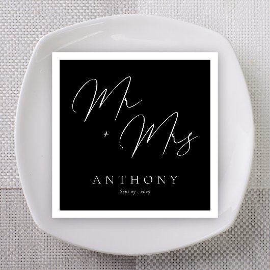Elegante Mr & Mrs Black and White Script bruiloft Servet