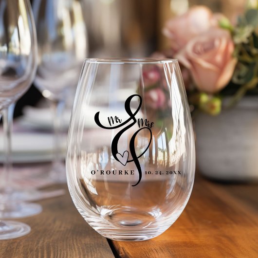Elegante Mr & Mrs Calligrafie Ampersand Bruiloft Wijnglas Zonder Voet