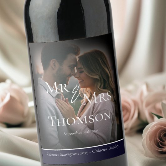 Elegante Mr & Mrs foto donkere marine winter bruil Wijn Etiket
