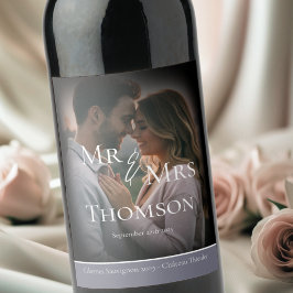 Elegante Mr & Mrs foto somber grijze winter bruilo Wijn Etiket