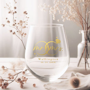 Elegante Mr & Mrs Gold Kalligrafie Bruiloft Wijnglas Zonder Voet