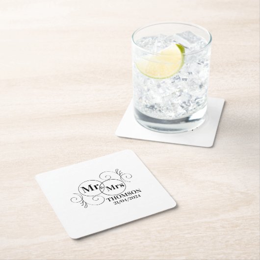 Elegante Mr & Mrs Monogram zwart-wit bruiloft Kartonnen Onderzetters (Insitu)