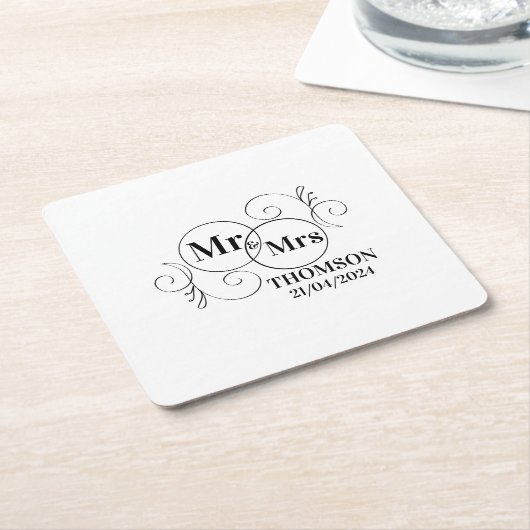 Elegante Mr & Mrs Monogram zwart-wit bruiloft Kartonnen Onderzetters (Schuin)