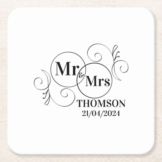 Elegante Mr & Mrs Monogram zwart-wit bruiloft Kartonnen Onderzetters (Voorkant)