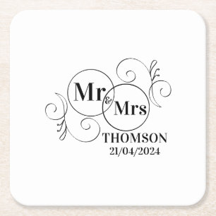 elegante mr & mrs monogram zwart wit trouwen kartonnen onderzetters