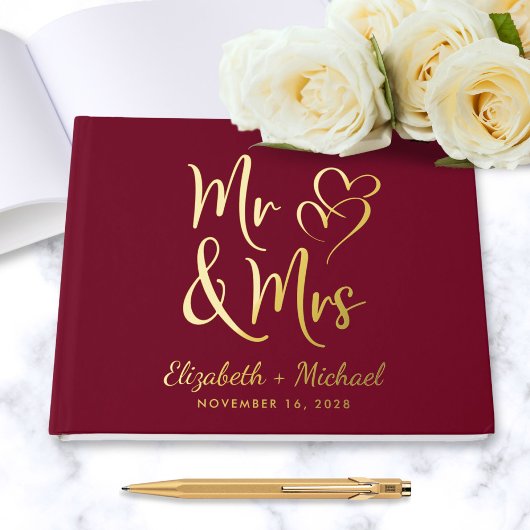 Elegante Mr. Mrs. Photo Bourgogne bruiloft Gastenboek