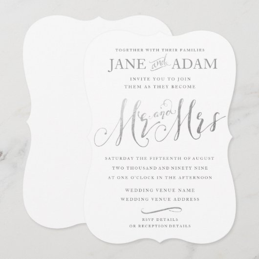 Elegante Mr & Mrs Silver Typografie Bruiloft uitno Kaart (Voorkant / Achterkant)