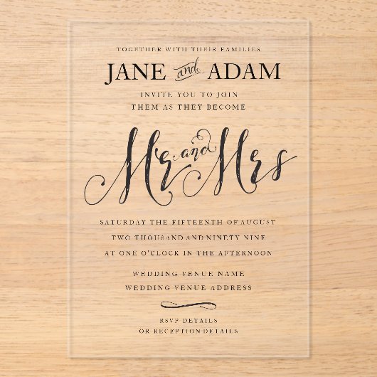 Elegante Mr & Mrs Typografie bruiloft uitnodiging (Voorkant)