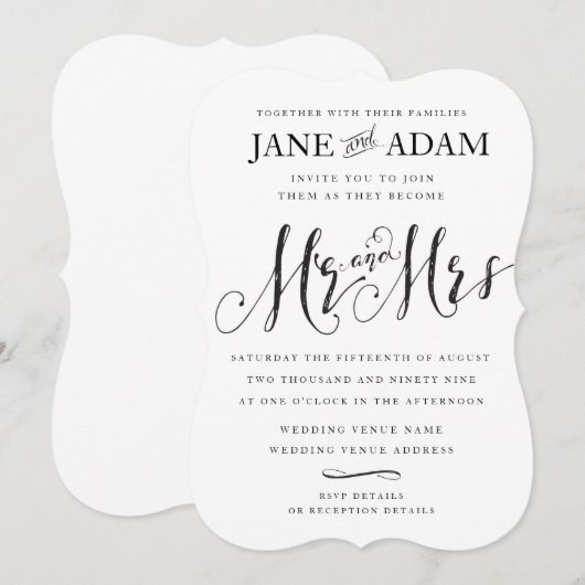 Elegante Mr & Mrs Typografie bruiloft uitnodiging (Voorkant / Achterkant)
