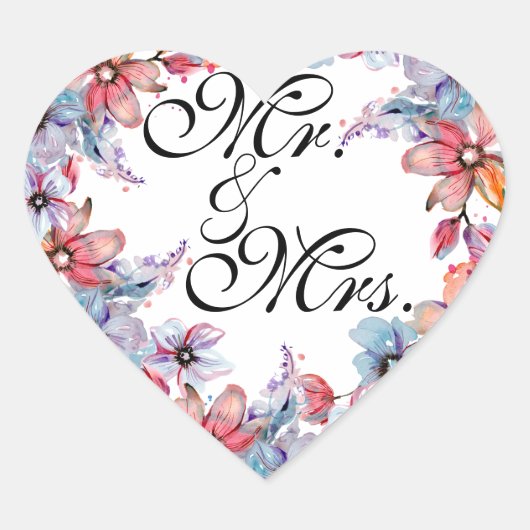 Elegante Mr & Mrs Wedding Sticker met Floral Des (Voorkant)