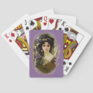 Elegante Mucha-stijl portret van een mooie vrouw Pokerkaarten