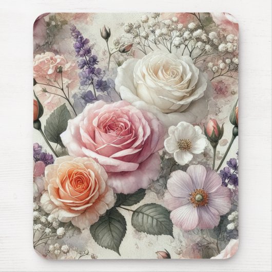 Elegante muismat waterverf roze witte rozen (Voorkant)