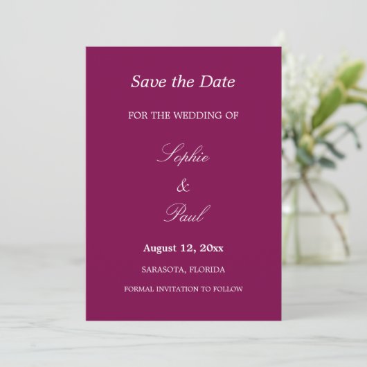 Elegante Mulberry bruiloft Save the Date (Staand voorkant)