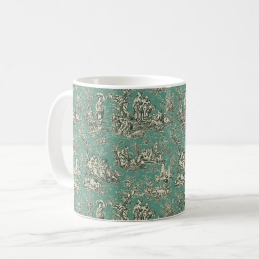 Elegante  munt blauwgroen toile de jouy koffiemok (Voorkant links)