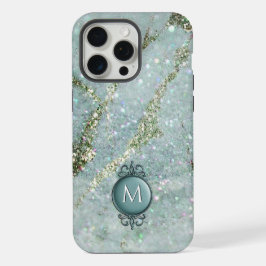 Elegante munt en gouden glitter monogram iPhone 15 pro max case