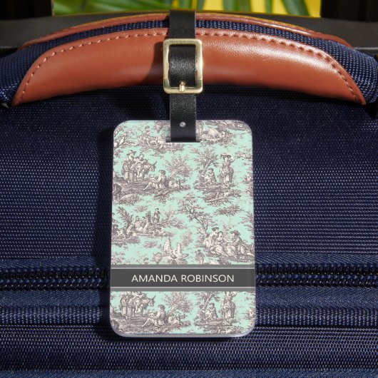 Elegante  munt grijs toile de jouy bagagelabel (Voorkant Insitu 2)