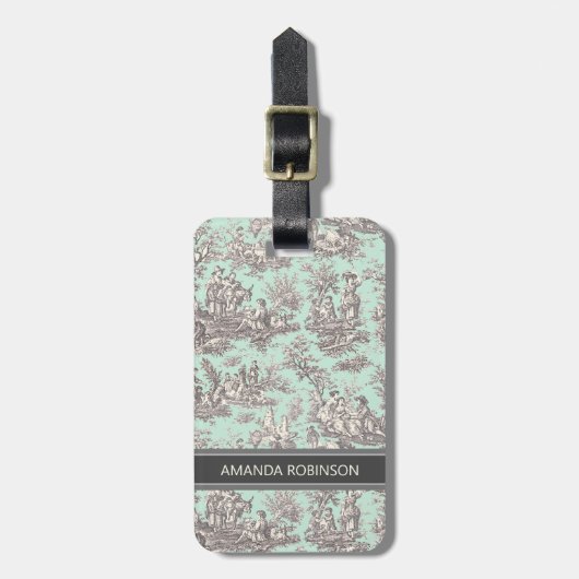 Elegante munt grijs toile de jouy bagagelabel (Voorkant verticaal)