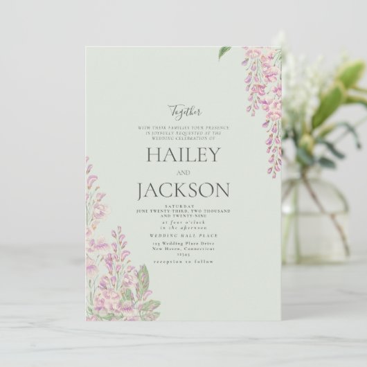 Elegante munt groen roze hyacint bloemenbruiloft kaart (Staand voorkant)