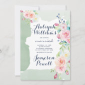 Elegante munt groen roze waterverf bloemenbruiloft kaart (Voorkant)