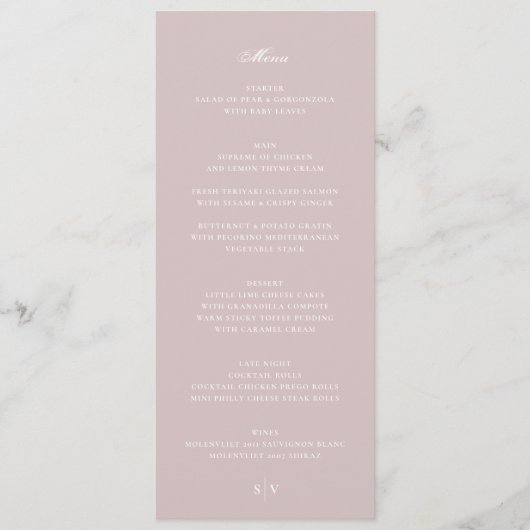 Elegante Musk Roze Wit Monogram Huwelijk Menu (Voorkant)