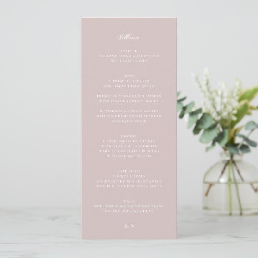 Elegante Musk Roze Wit Monogram Huwelijk Menu (Staand voorkant)