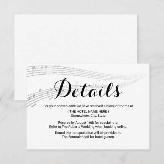 Elegante muziek Trouwdetails Accommodaties Kaart (Voorkant / Achterkant)