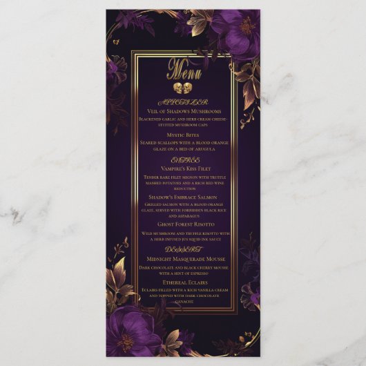 Elegante mystieke gotische Paarse en gouden bruilo Menu (Voorkant)