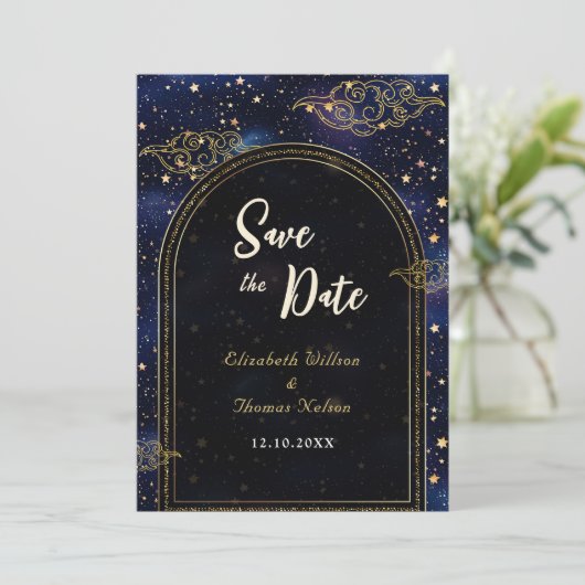 Elegante mystieke hemelse bruiloft save the date (Staand voorkant)