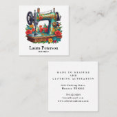 Elegante  naaimachine rode rozenbloem vierkante visitekaartje (Voorkant / Achterkant)