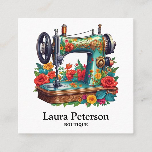 Elegante  naaimachine rode rozenbloem vierkante visitekaartje (Voorkant)