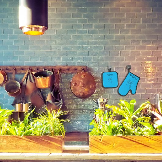 Elegante naam bloem lijn zwart wit blauw ovenwant & pannenlap set