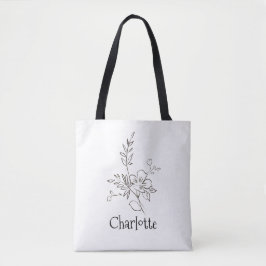 Elegante naam bloem lijn zwart wit tote bag
