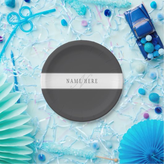 Elegante naam en monogram | Donker en lichtgrijs Papieren Bordje (Feest)