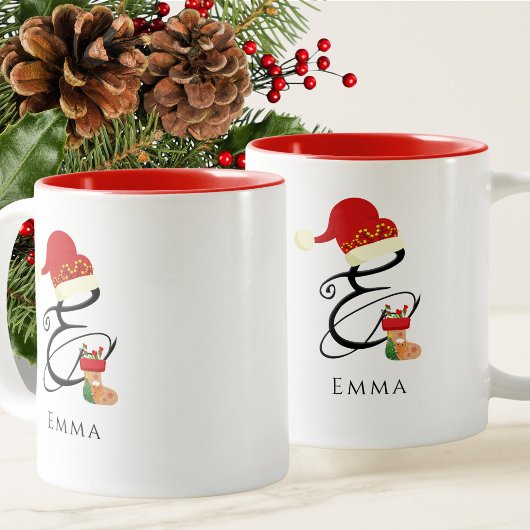 Elegante naam monogram script letter E Kerstmis Tweekleurige Koffiemok