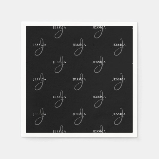 Elegante naam & Monogram | Zwart, Wit & Grijs Servet (Voorkant)