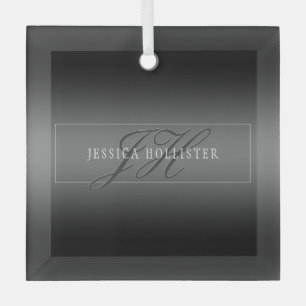 Elegante Naam & Monogrammed Initialen   Zwart & Gr Glas Ornament