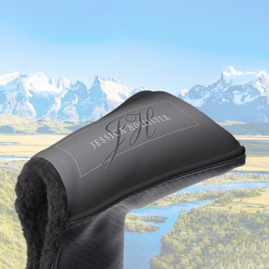 Elegante Naam & Monogrammed Initialen | Zwart & Gr Golfheadcover