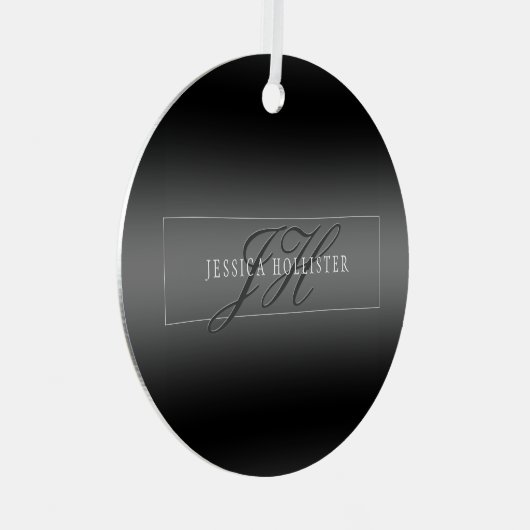 Elegante Naam & Monogrammed Initialen | Zwart & Gr Metalen Ornament (Voorkant Rechts)
