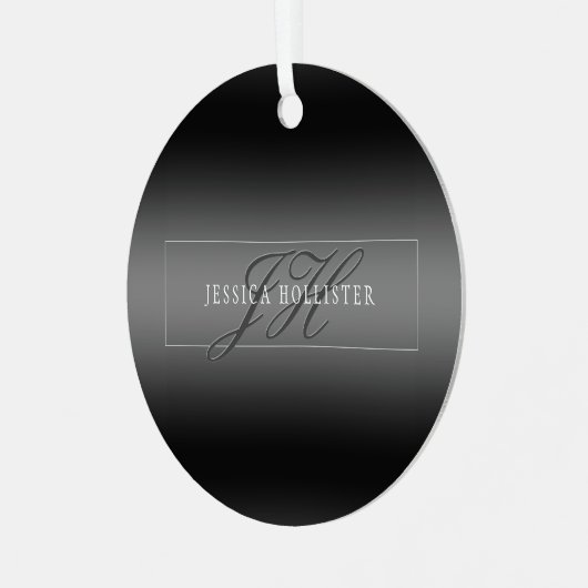 Elegante Naam & Monogrammed Initialen | Zwart & Gr Metalen Ornament (Voorkant links)